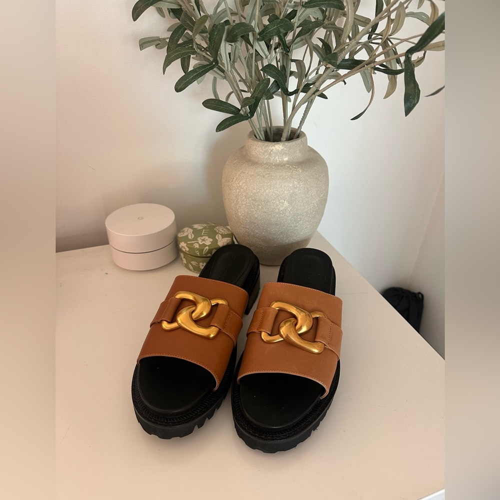 Aersoles Brown Slide Sandals with Gold Accent